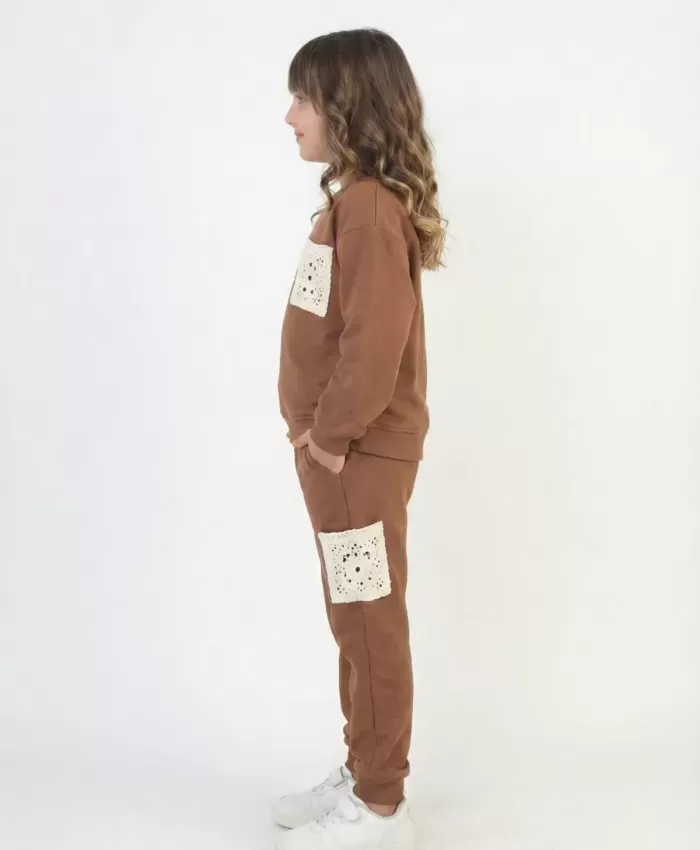 Kız Çocuk örme cepli kahve renk 2ip eşofman takım