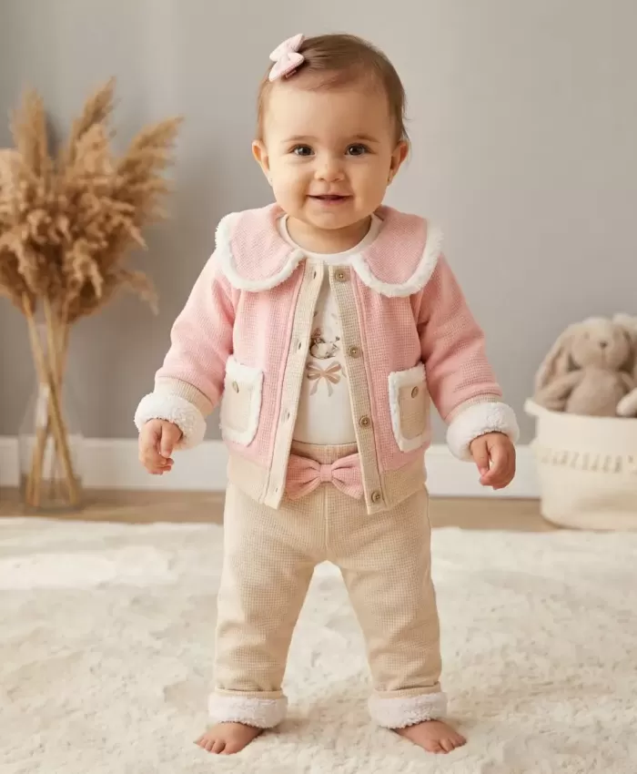Kız Bebek wafle kumaş cep detaylı 3lü ceket takım