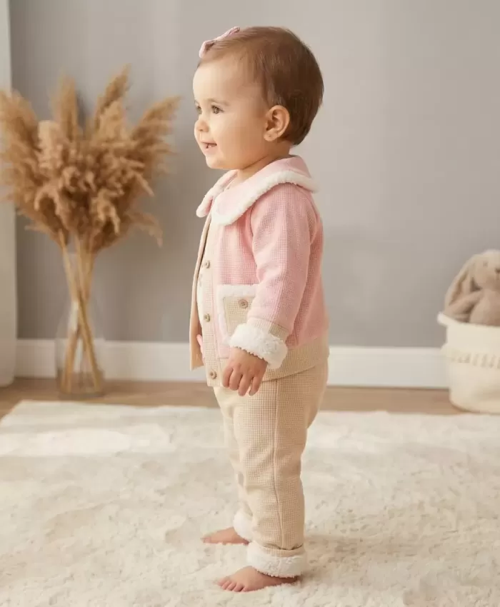 Kız Bebek wafle kumaş cep detaylı 3lü ceket takım