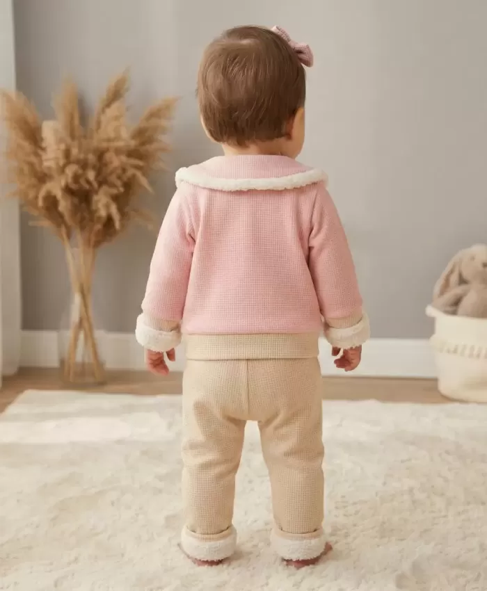 Kız Bebek wafle kumaş cep detaylı 3lü ceket takım