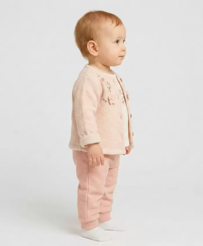 Kız Bebek çiçek nakışlı welsoft ceketli 3lü takım