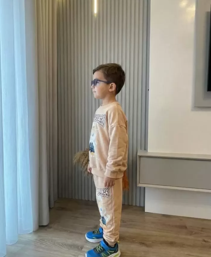 Erkek çocuk labubu baskılı krem renk takım