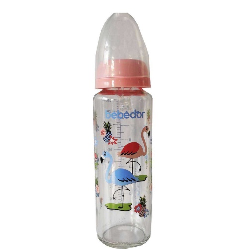Bebedor Desenli Cam Biberon Silikon Emzikli Orta Akış Pembe 250 ML Kod: 31302