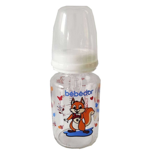 Bebedor Desenli Cam Biberon Silikon Emzikli Yavaş Akış Beyaz 125 ML Kod: 30302