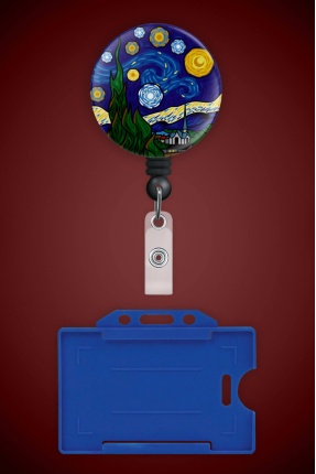 Van Gogh Yıldızlı Geceler Metal Buton Yoyo Yaka Kartığı Kart Tutucu Yoyo ve Kartlık - MYK0004