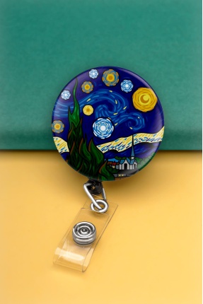 Van Gogh Yıldızlı Geceler Metal Buton Yoyo Yaka Kartığı Kart Tutucu Yoyo ve Kartlık - MYK0004