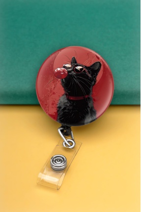 Kara Kedi Buton Yoyo Yaka Kartığı Kart Tutucu Yoyo Kartlık - MBY0055
