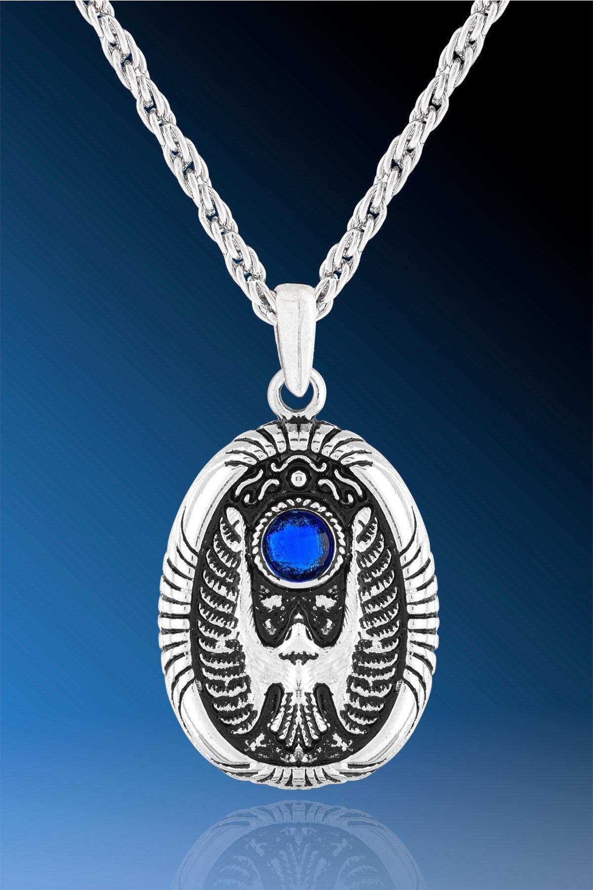Antik Mısır Mavi Taşlı Horusun Gözü Şahin Figürlü Kolye - CAZ0395