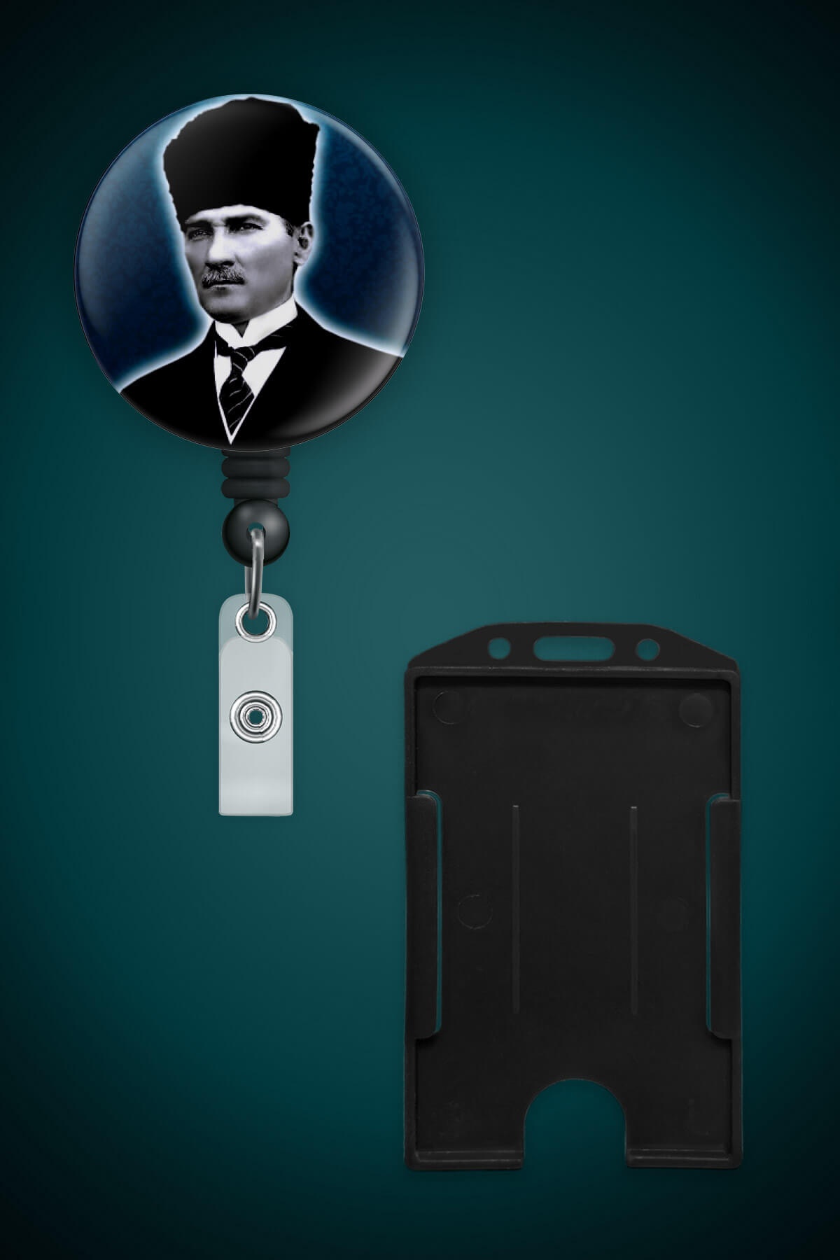Mustafa Kemal Atatürk Metal Buton Yoyo Yaka Kartığı Kart Tutucu Yoyo ve Kartlık - MYK0003-1