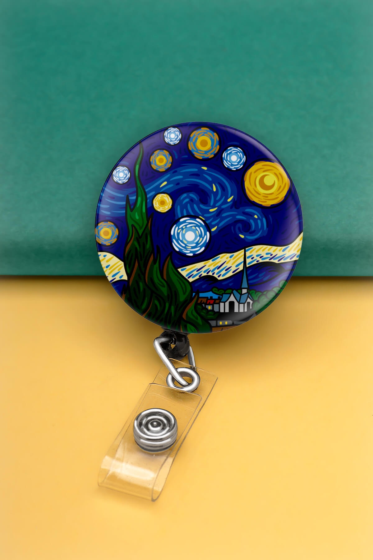 Van Gogh Yıldızlı Geceler Metal Buton Yoyo Yaka Kartığı Kart Tutucu Yoyo ve Kartlık - MYK0004