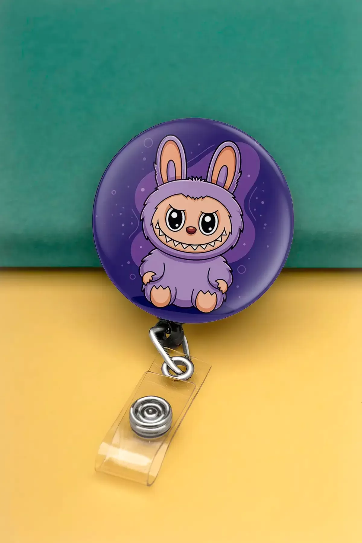 Mor Bebek Desenli Metal Buton Yoyo Yaka Kartığı Kart Tutucu Yoyo Kartlık - MBY0082