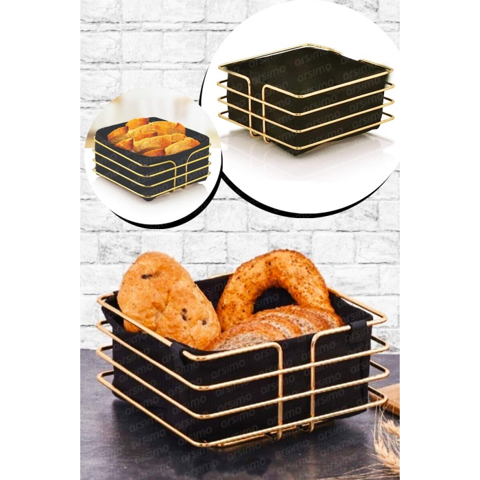 Lux Ekmeklik Kumaş Hazneli Ekmek Sepeti Paslanmaz Çelik Gold Kare