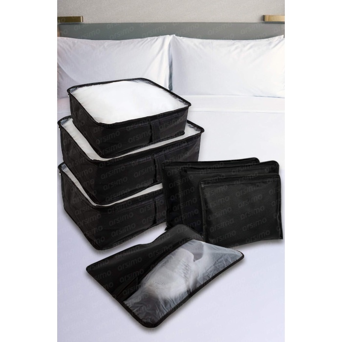Lüks 7 Parça Bavul Dolap Eşya Düzenleyici Pencereli Organizer Set Siyah
