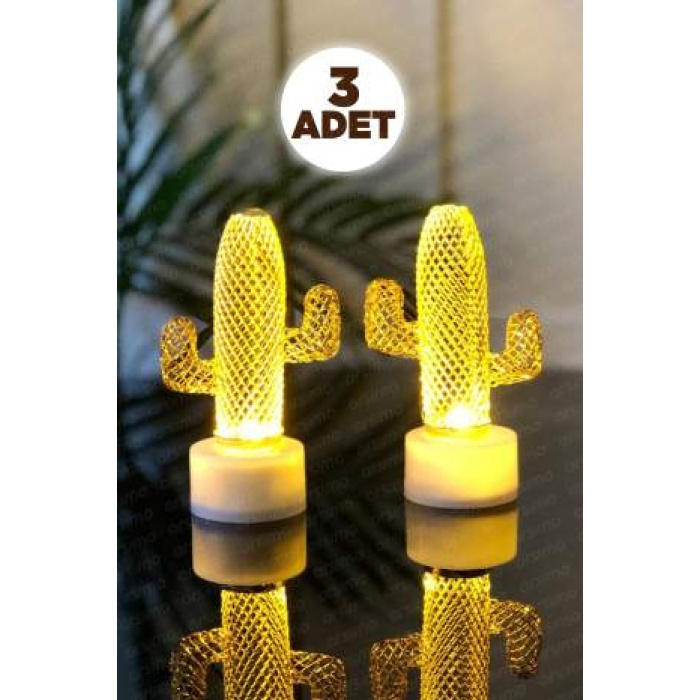 Kaktüs Mini Dekoratif Led Işık Gece Lambası Metal ( 3 ADET)