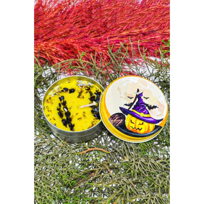 Halloween Dekoratif El Yapımı Teneke Kutu Mum Pampas Sandal Yağı Esanslı