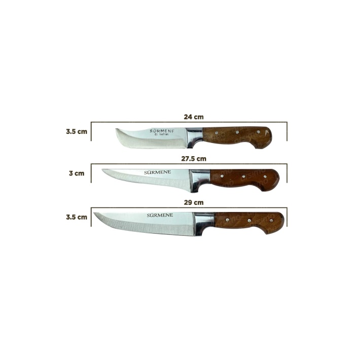 3lü El Yapımı Dövme Kurban Mutfak Bıçak Seti + Kesim Tahtası