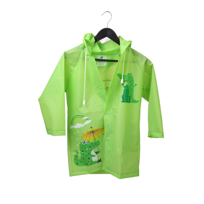 Hayvan Figürlü Kapüşonlu Çocuk Yağmurluk Çantalı Yeşil XL