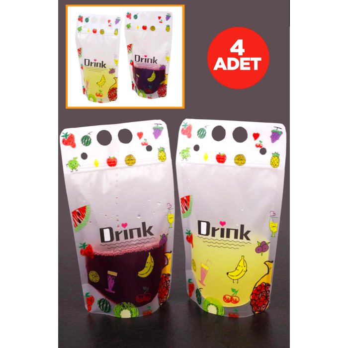 Drink Desenli Kilitlenebilir Poşet İçecek Çantası 4 ADET