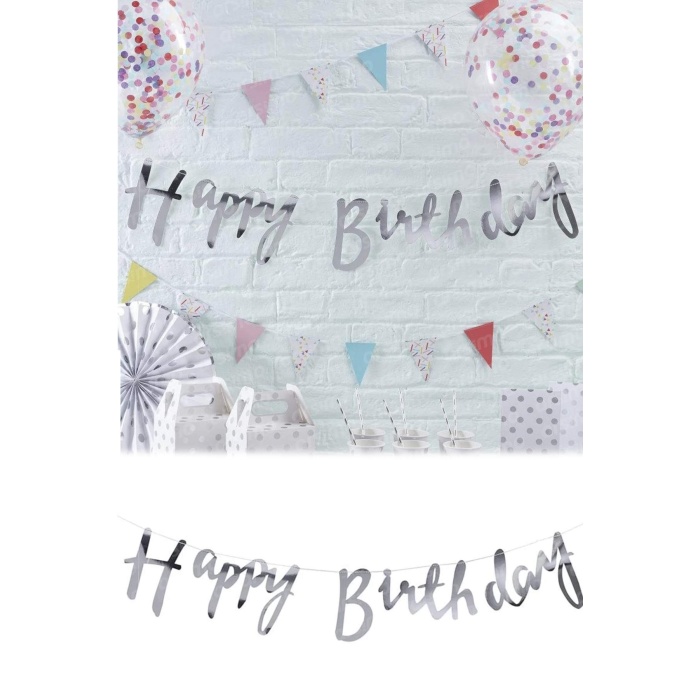 Happy Birthday Flamalı Banner Gümüş | Kaligrafi Banner Happy Birthday Gümüş