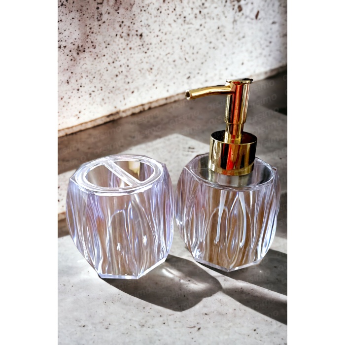 Akrilik Gold Sıvı Sabunluk Diş Fırçalık Banyo Seti | 2li Diş Fırça Sabun Banyo Düzenleyici Set