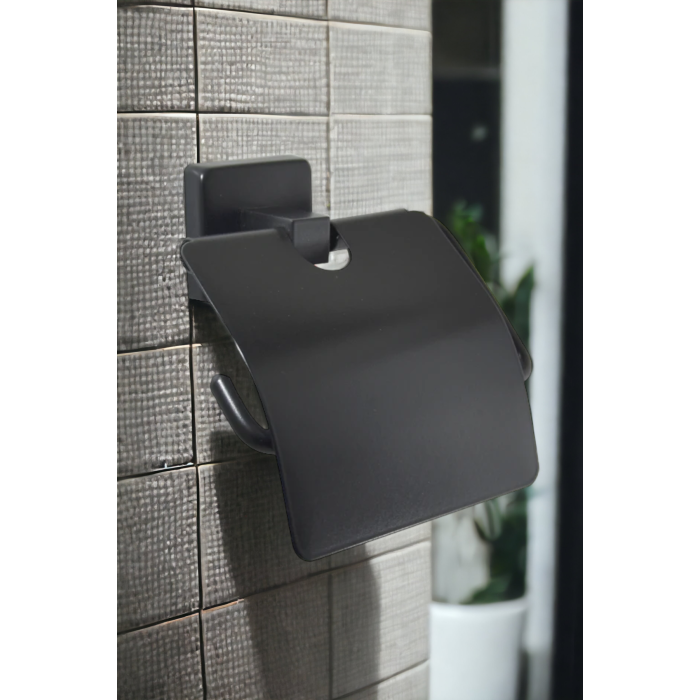 Siyah Paslanmaz Yapışkanlı Kapaklı WC Tuvalet Kağıtlık | Pratik Kare Duvara Monte Tuvalet Kağıtlık
