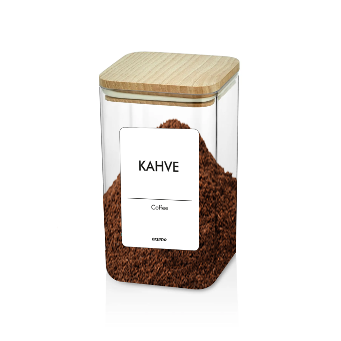 3lü Etiketli Vakum Kayın Ağacı Kapaklı Kristal Saklama Kabı Seti | Minimal Çay Kahve Şeker Etiketli Set 1700 mL