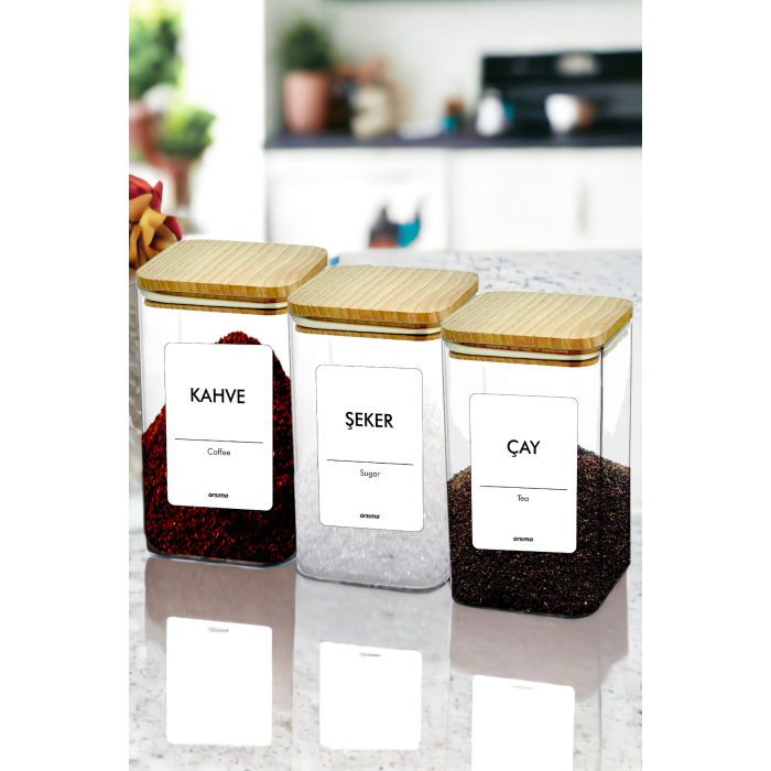 3lü Etiketli Vakum Kayın Ağacı Kapaklı Kristal Saklama Kabı Seti | Minimal Çay Kahve Şeker Etiketli Set 1700 mL