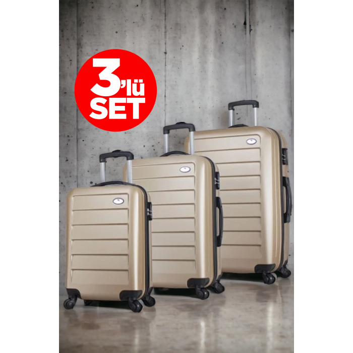 Abs Kabin Orta ve Büyük Boy Gold 3lü Valiz Seti | 3 Adet Kilitli Emniyetli Bavul Set Gold