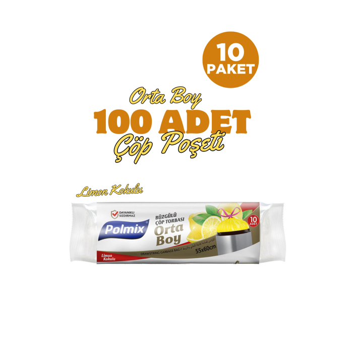 Büzgülü Orta Boy Çöp Poşeti Limon Kokulu 10lu Paket x 100 Adet