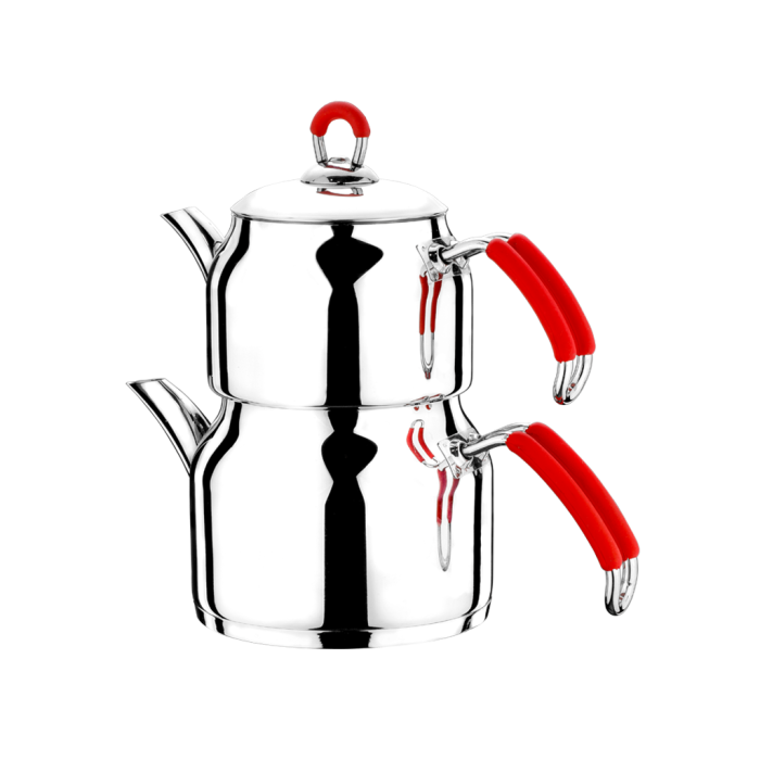 Akdeniz Serisi Silikon Kulplu Jumbo Boy Çelik Çaydanlık Takımı | Kırmızı Silikon Saplı  Çaydanlık