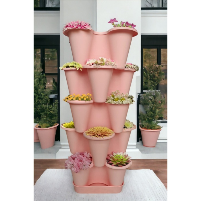 5 Katlı Şanslı Yonca Kule Saksı Seti | Çiçek Bitki Sebze Meyve Salon Mutfak Banyo Bahçe Saksı Seti Pudra Pembe