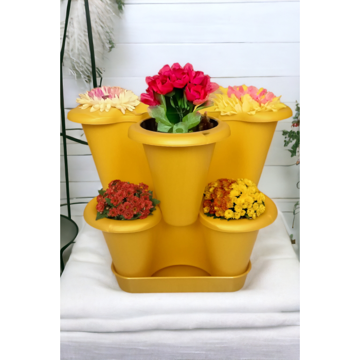 2 Katlı Şanslı Yonca Kule Saksı Seti | Çiçek Bitki Sebze Meyve Salon Mutfak Banyo Bahçe Saksı Seti Sarı