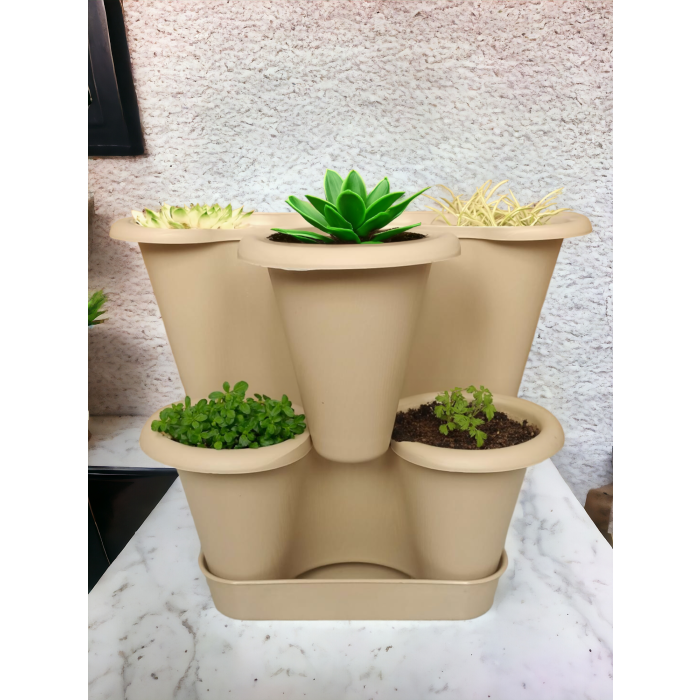 2 Katlı Şanslı Yonca Kule Saksı Seti | Çiçek Bitki Sebze Meyve Salon Mutfak Banyo Bahçe Saksı Seti Bronz