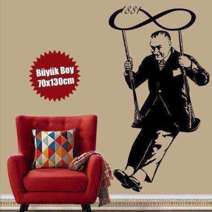 Ege Vapurunda Salıncakta Sallanan Mustafa Kemal Atatürk 23 Nisan Okul Ev Ofis Duvar Sticker Turuncu