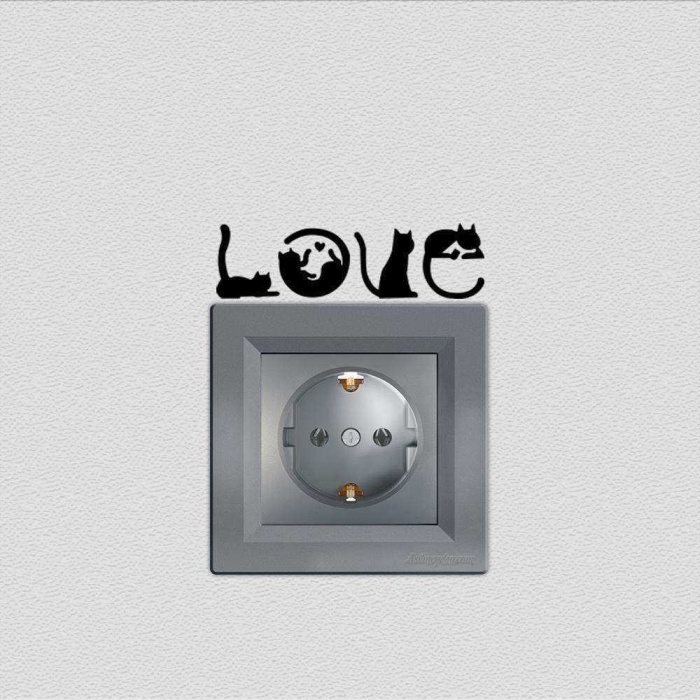 Küçük Minimal Kedicikler Love Yazısı İnce Kesim Tasarım Priz Sticker Duvar Dekorasyon Çıkartma