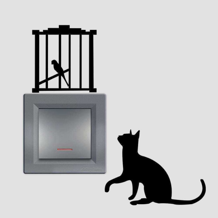 Kafeste Kuş ve Kedi Espirili Tasarım Priz Sticker Duvar Dekorasyon Çıkartma