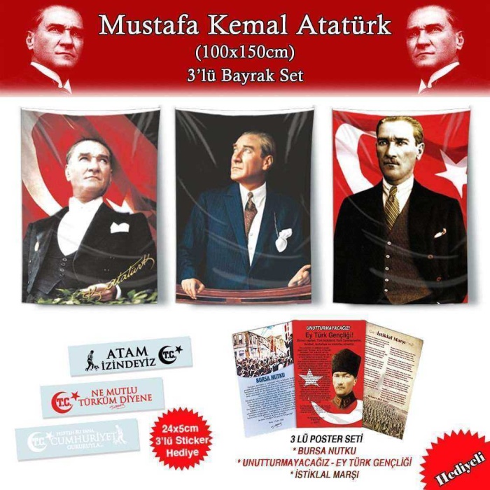 Gazi Mustafa Kemal Atatürk 1x1.5m Bayrak Set2 -3lü Poster ve Sticker Hediyeli-29 Ekim Bayram Kutlama