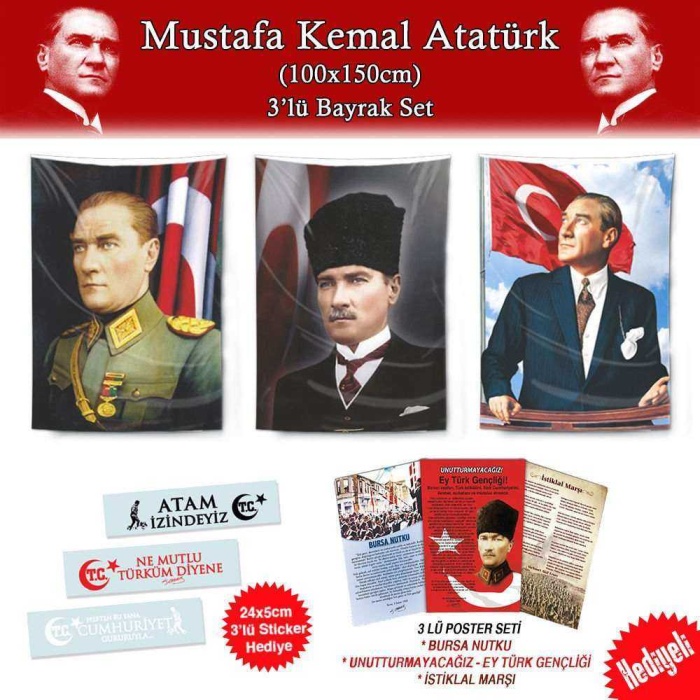 Gazi Mustafa Kemal Atatürk 1x1.5m Bayrak Set-3lü Poster ve Sticker Hediyeli-29 Ekim Bayram Kutlama