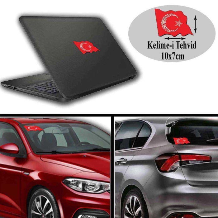 Kelime-i Tehvid - İslam Sancağı Arma,Cam, Laptop Etiket Oto Sticker -Araç Aksesuar 10x7 cm