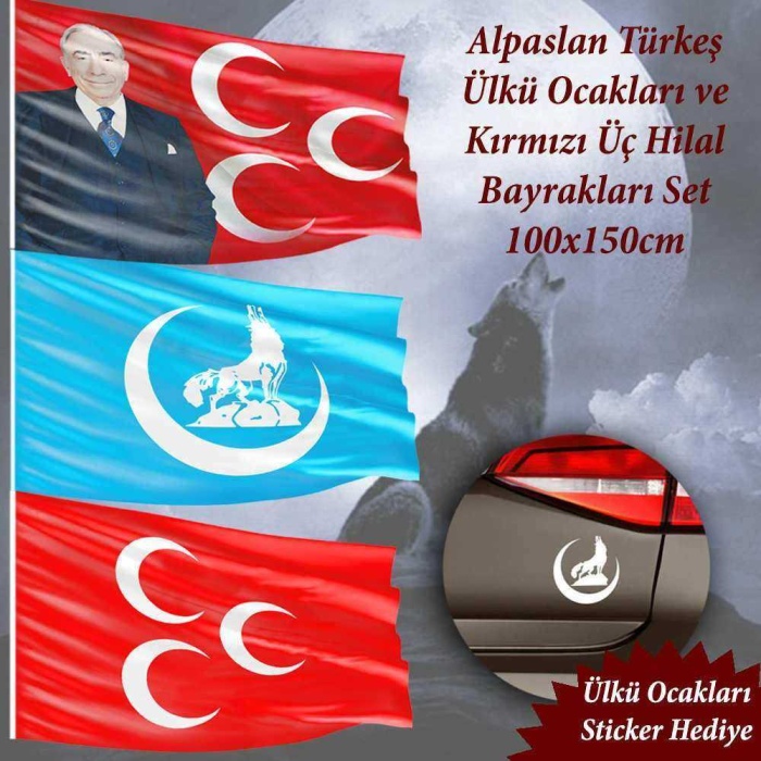 Alpaslan Türkeş-Ülkü Ocakları-Kırmızı Üç Hilal 100x150cm -Raşel Bayrak Set - Sticker Hediyeli