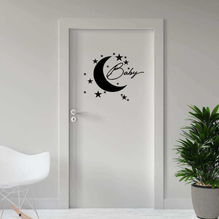 Ay ve Yıldızlar Uyku Temalı Baby Yazılı Çocuk Odası Dekoratif Kapı Sticker, Çıkartma