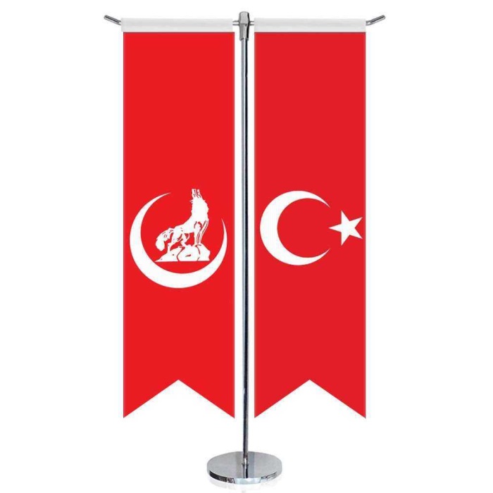 Kırmızı Hilal Bozkurt Bayrağı ve Türkiye - Kırlangıç - Saten T direk 2li Masa Bayrağı
