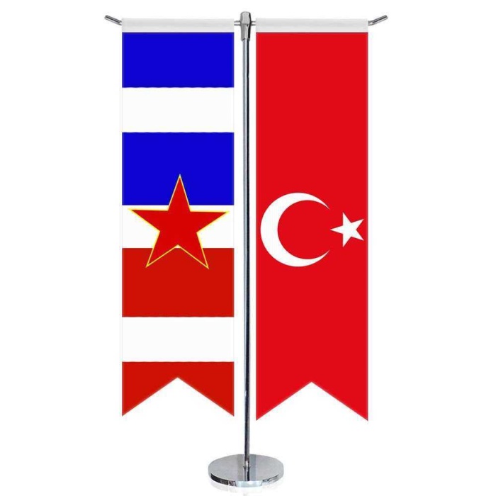 Yugoslavya Sosyalist Federal Cumhuriyeti Bayrağı ve Türkiye-Kırlangıç-Saten T direk 2li Masa Bayrağı