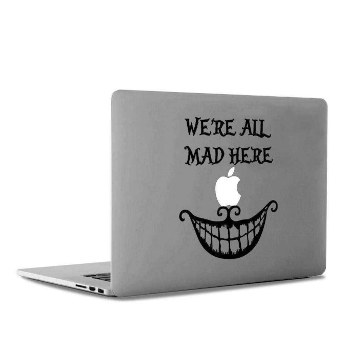 Sırıtan Kedi Alice Karakteri Were All Mad Here yazılı Laptop, ipad Apple, Sticker