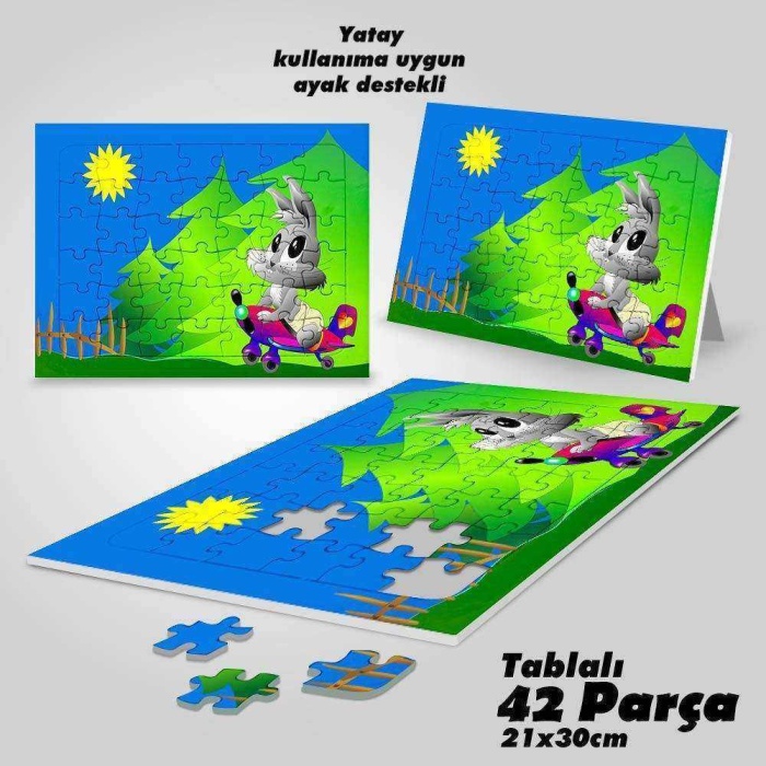 Ormanda Uçak Kullanan Sevimli Tavşan Çocuklar İçin Eğitici Ayak Destekli 42 Parça Puzzle - Hediyeli
