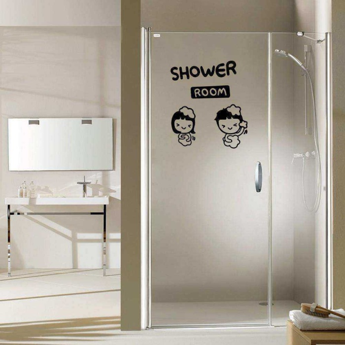 Shower Room Yazılı Kız ve Erkek Çocuk Silüeti Dekoratif Banyo Duvar Sticker, Çıkartma, Etiket