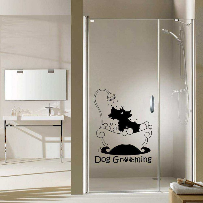 Dog Grooming Yazılı Duşta Sevimli Köpek Silüeti Dekoratif Banyo Duvar Sticker, Çıkartma, Etiket