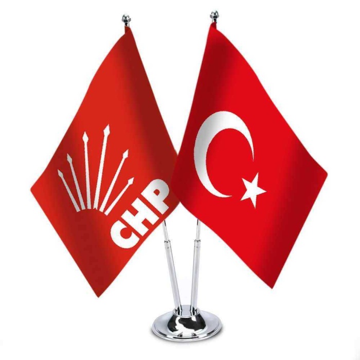 Kırmızı CHP ve Türkiye - İkili Saten Masa Bayrağı Set