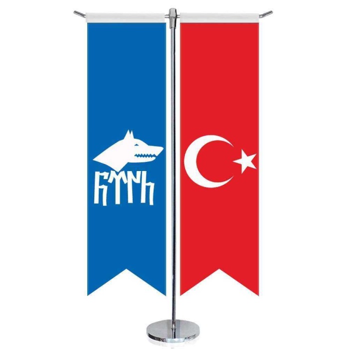 Göktürk Türk Kağanlığı Göktürkçe Bayrağı ve Türkiye -Kırlangıç - Saten T direk 2li Masa Bayrağı