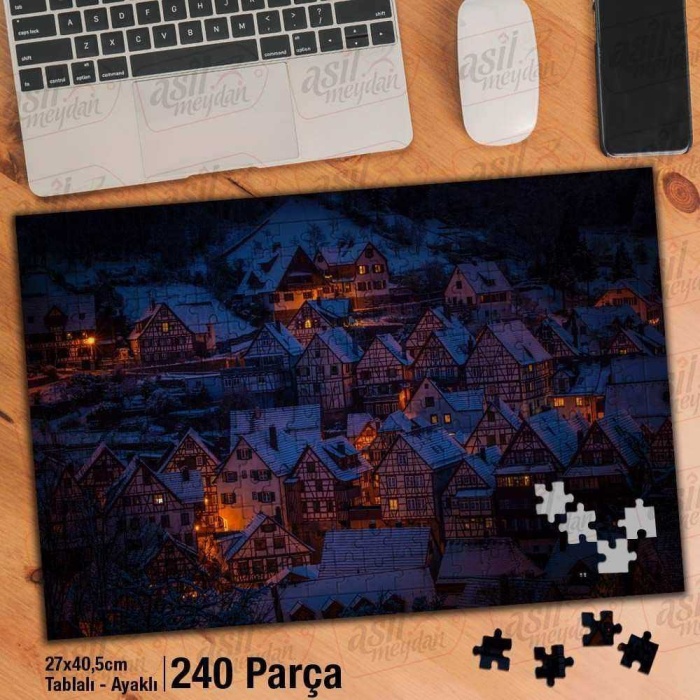 Akşam Karanlığında Şehir Görüntüsü - Kış Yapboz -Ayak Destekli Çerçeveli 240 Parça Puzzle